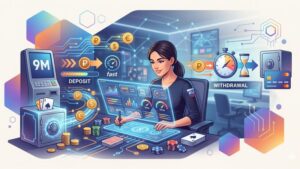 Современная иллюстрация с финансовыми символами для анализа методов пополнения и вывода средств в PlayPoker 9M