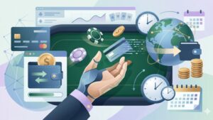 Современная иллюстрация с элементами онлайн-покера и финансовых операций для руководства по платежам PlayPoker 9M